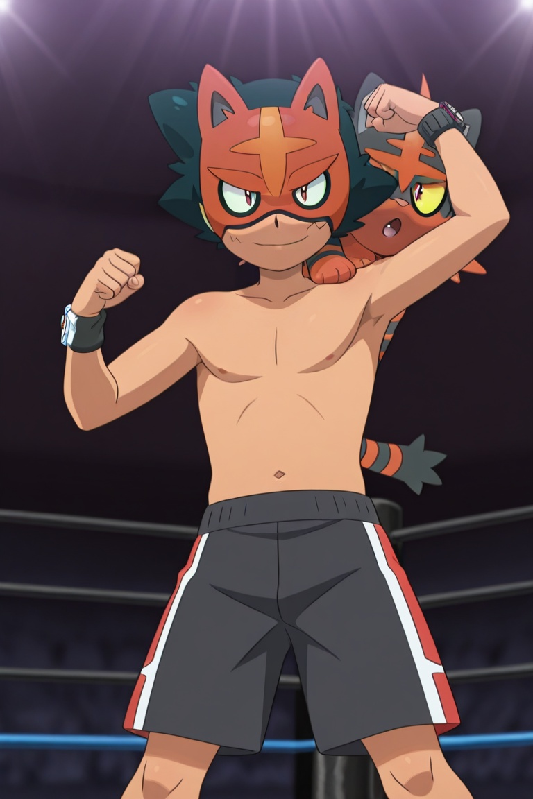 2characters,  different species,  torracat and Ash ketchum on Tensor.Art