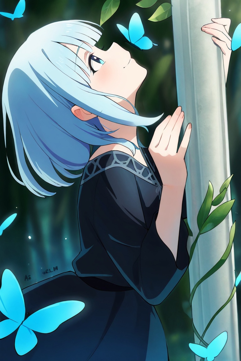 kagiro,  Digital illustration of a young woman with long blue hair in a graceful blue and black dress,  surrounded by a wh...