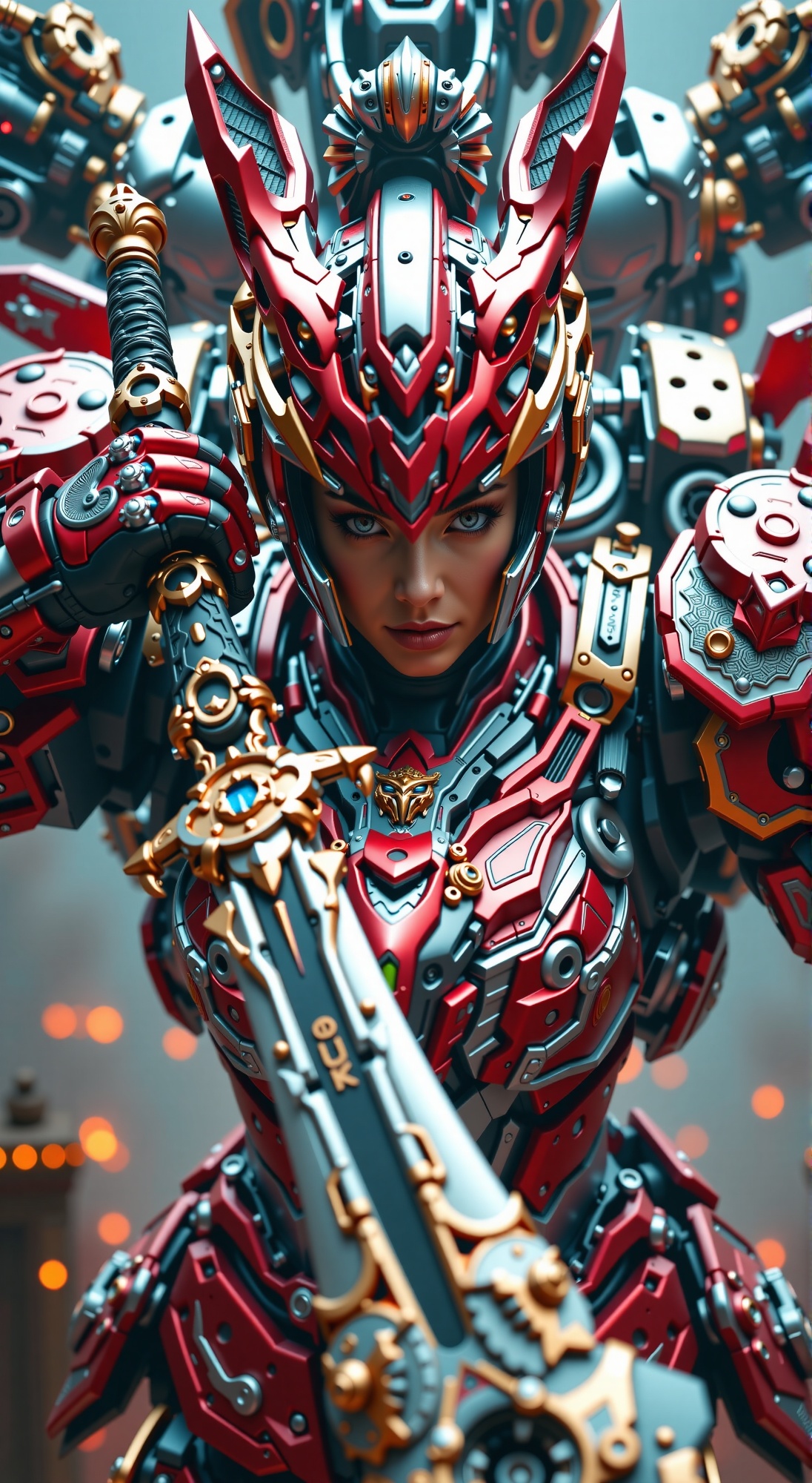 Close-up on the fearless female samurai's intense gaze,  her mecha armor,  adorned with a dragon head pattern on Tensor.Art