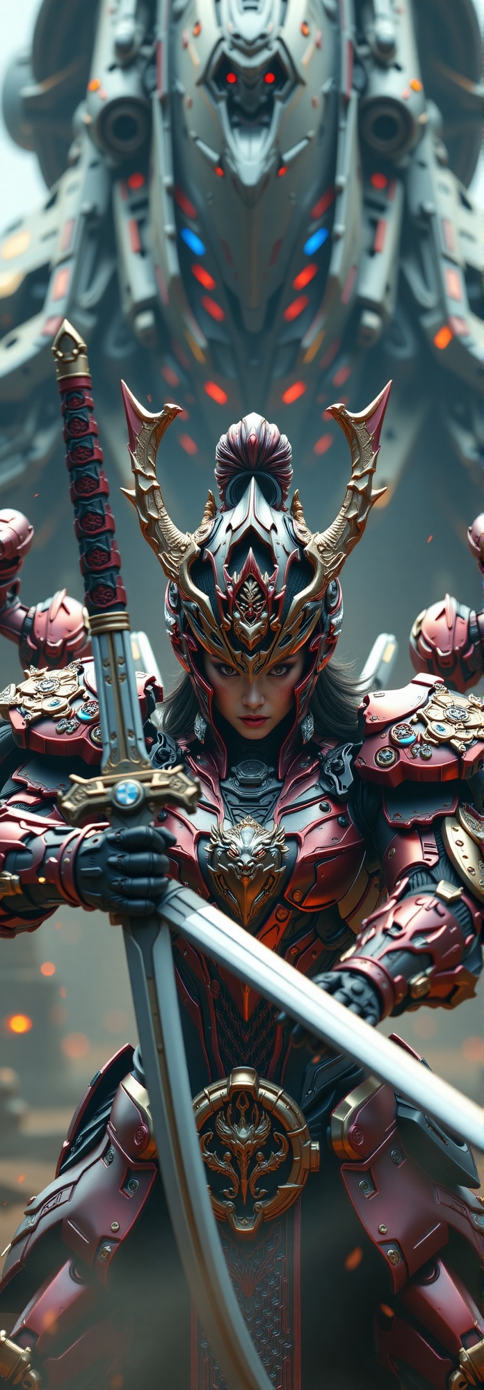 Close-up on the fearless female samurai's intense gaze,  her mecha armor,  adorned with a dragon head pattern on Tensor.Art