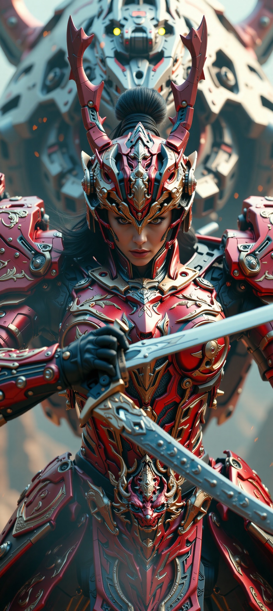 Close-up on the fearless female samurai's intense gaze,  her mecha armor,  adorned with a dragon head pattern on Tensor.Art