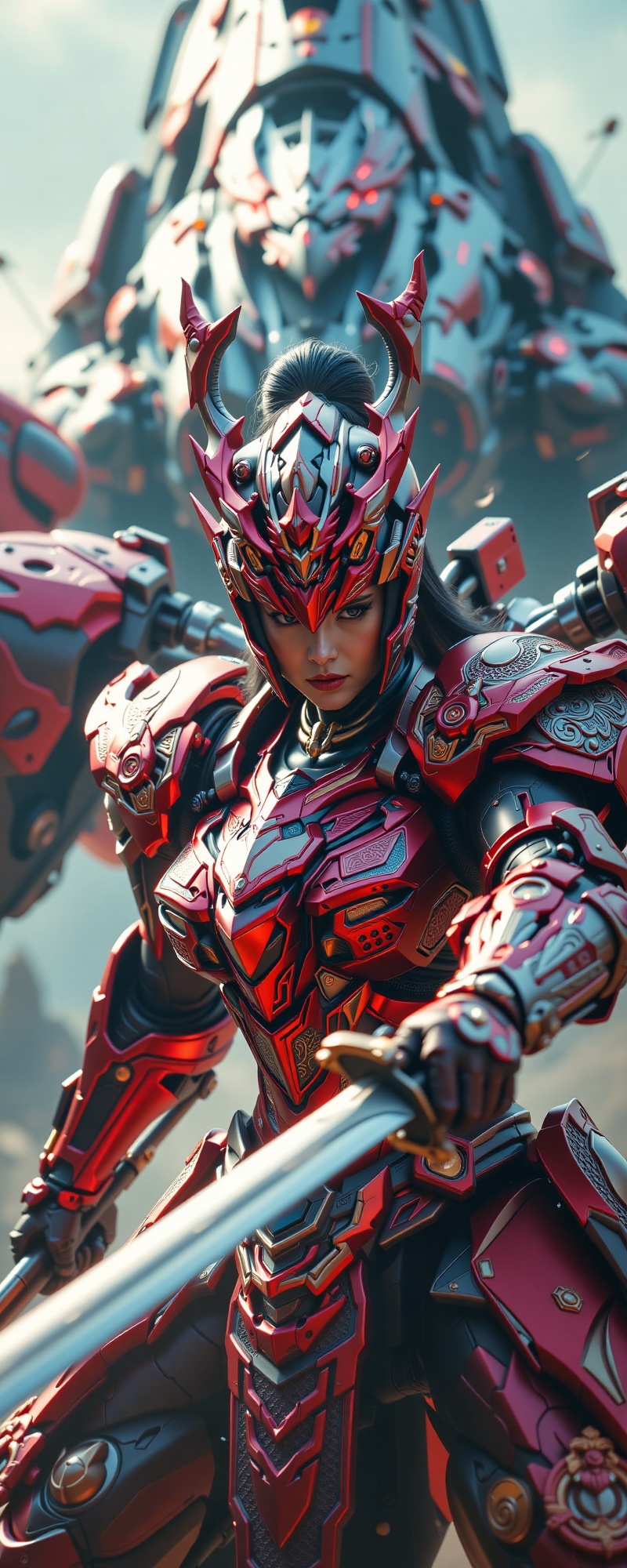 Close-up on the fearless female samurai's intense gaze,  her mecha armor,  adorned with a dragon head pattern on Tensor.Art