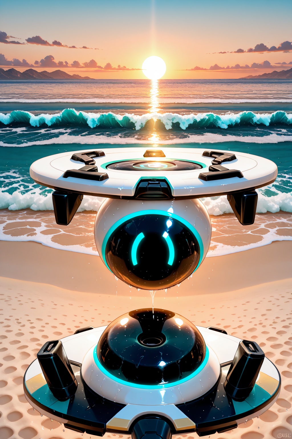 Dynamic high-angle drone shot,  looking straight down on a secluded Icelandic beach with black volcanic sand. Turquoise wa...