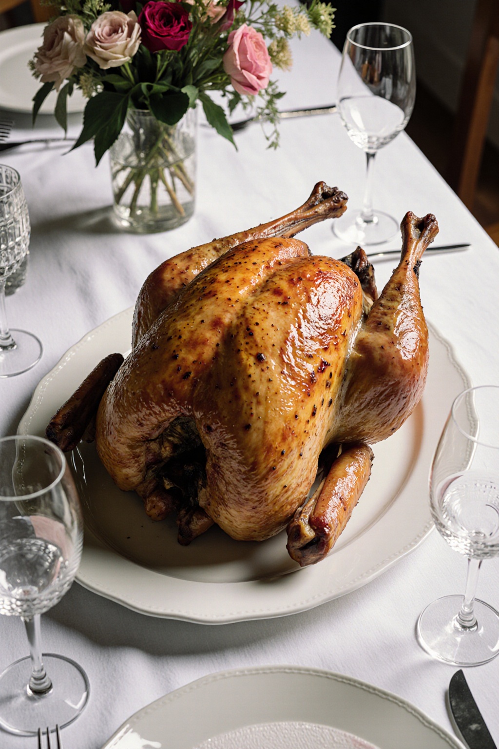 High-resolution photograph of an elegant dinner party table centered around a perfectly roasted turkey resting on a gleami...
