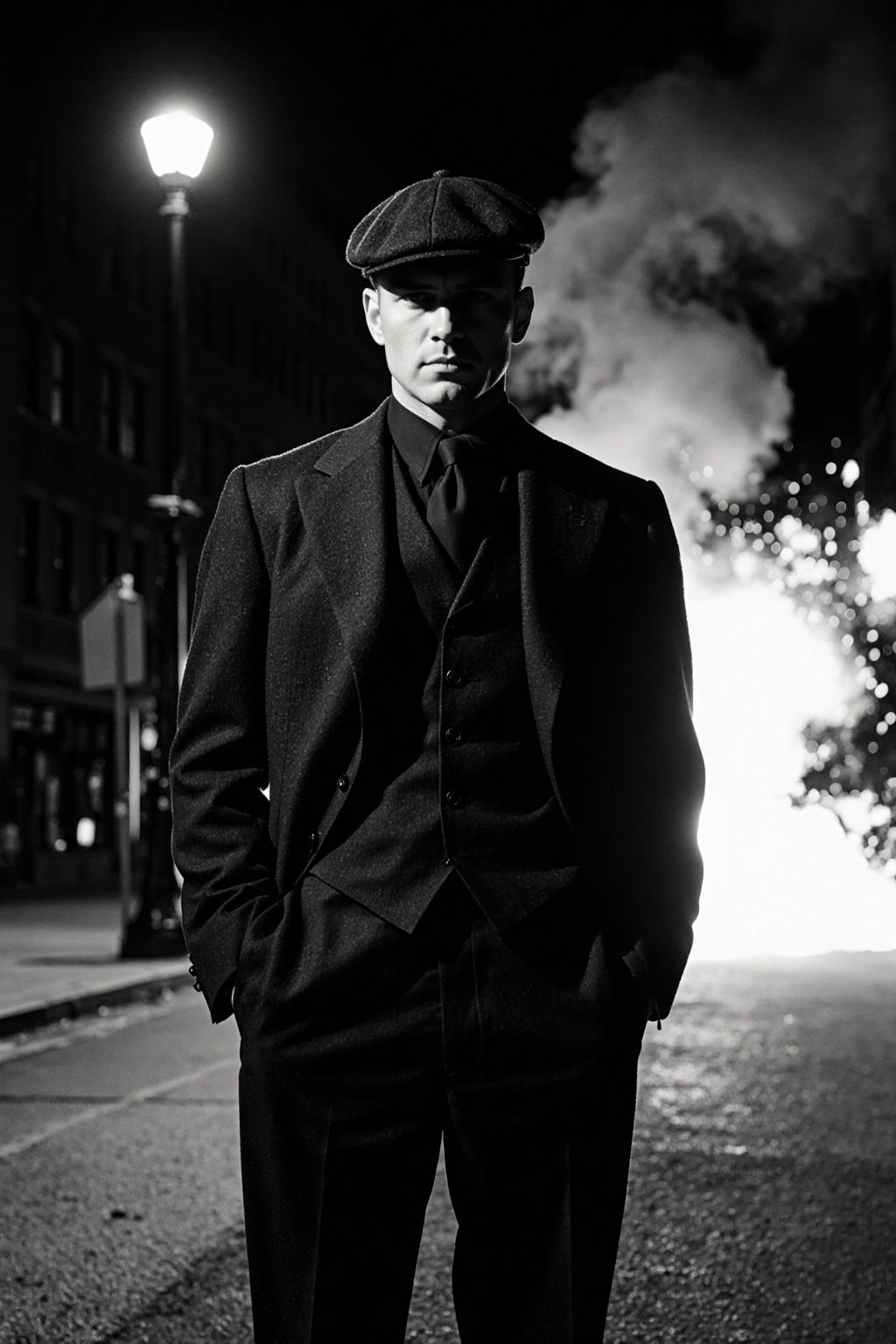 Noir-style cinematic photo of a sharp-jawed man in a dark wool three-piece suit and vintage newsboy cap,  standing under t...