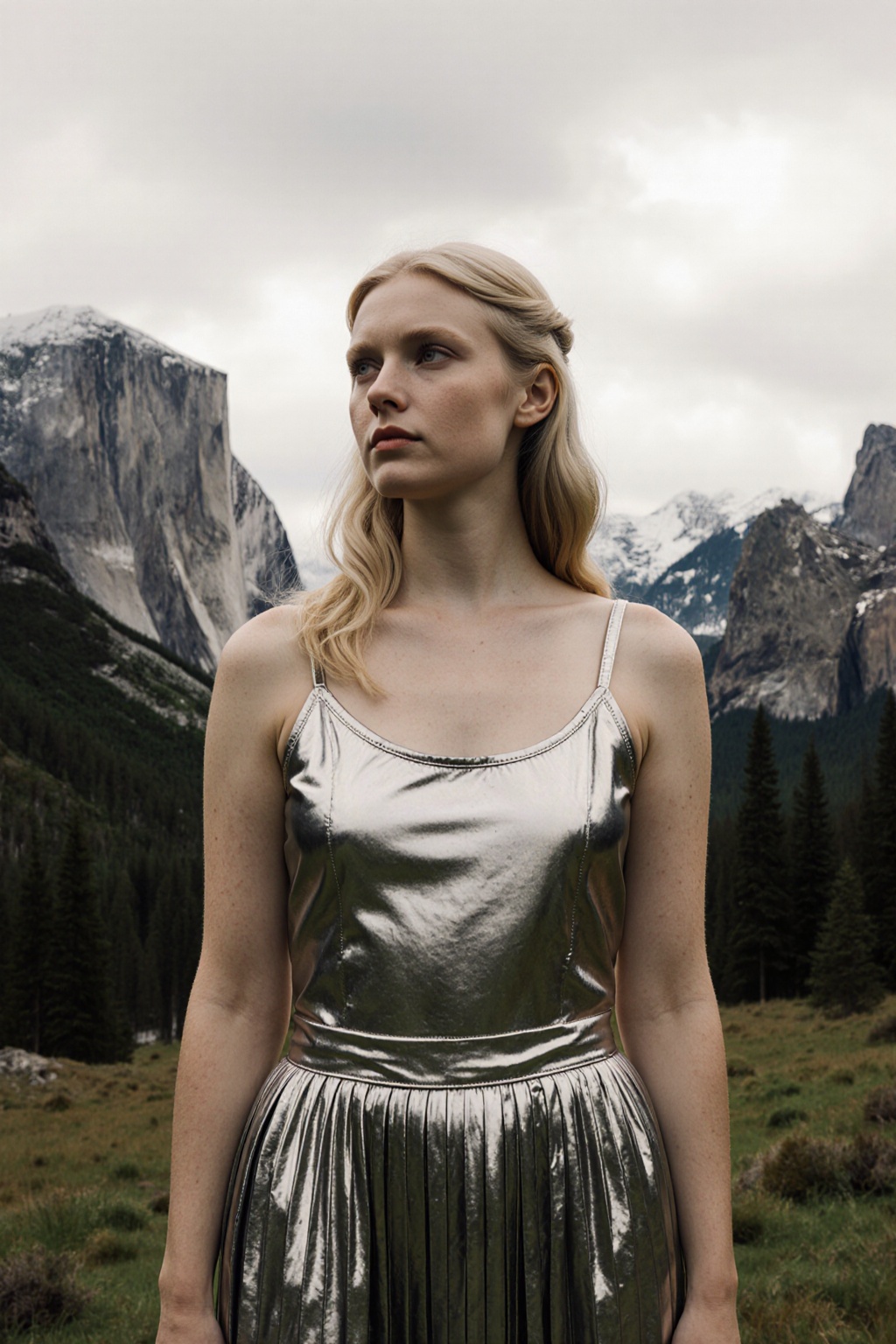 Portrait of a 25-year-old blonde woman wearing a shiny silver **** top and pleated skirt set,  standing confidently as she...