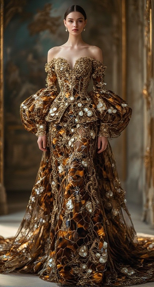 A highly detailed editorial portrait of a woman in a couture gown featuring tortoiseshell pattern with gold Pique embroide...