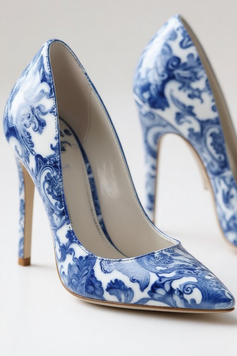 Heels featuring Qing Hua Ci porcelain art design,  deep blue and white intricate patterns covering the upper,  glossy cera...