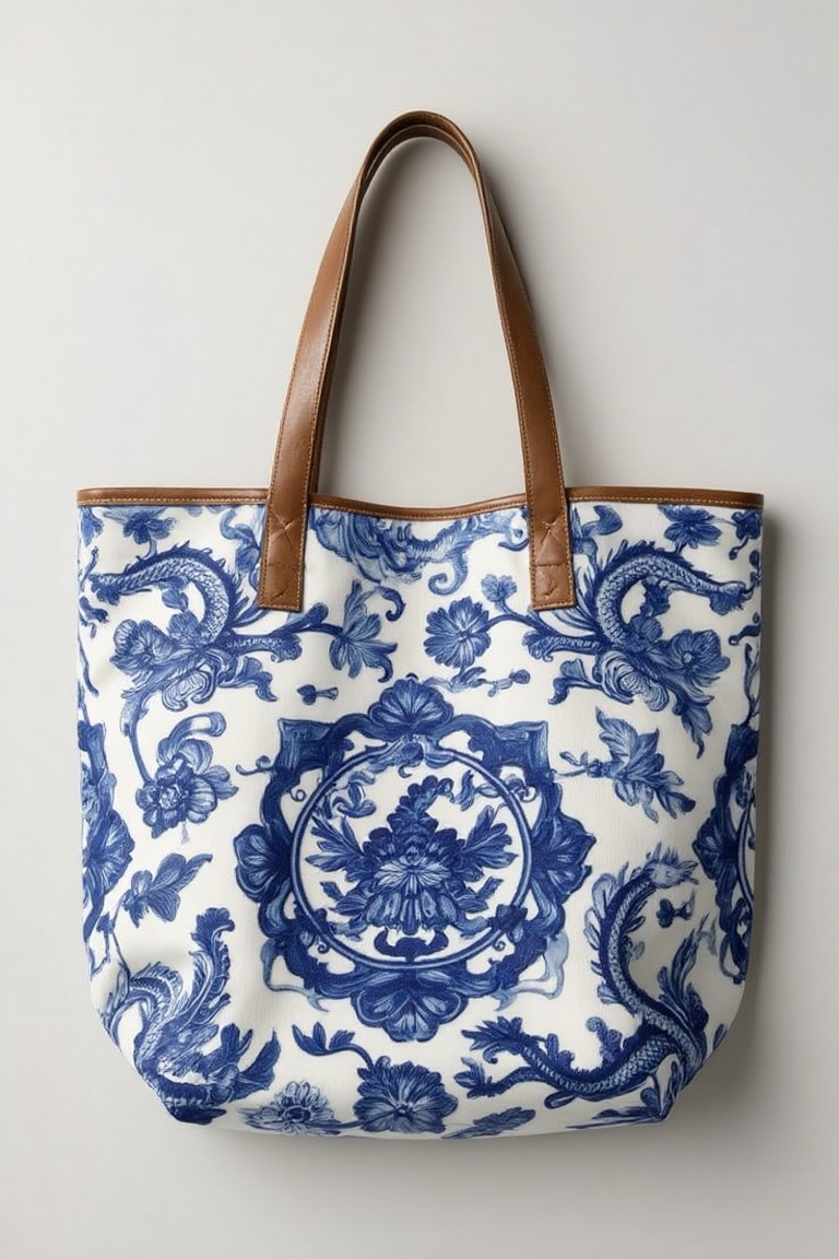 A tote bag featuring Qing Hua Ci porcelain art with dragon and floral motifs,  deep blue and white color scheme,  intricat...