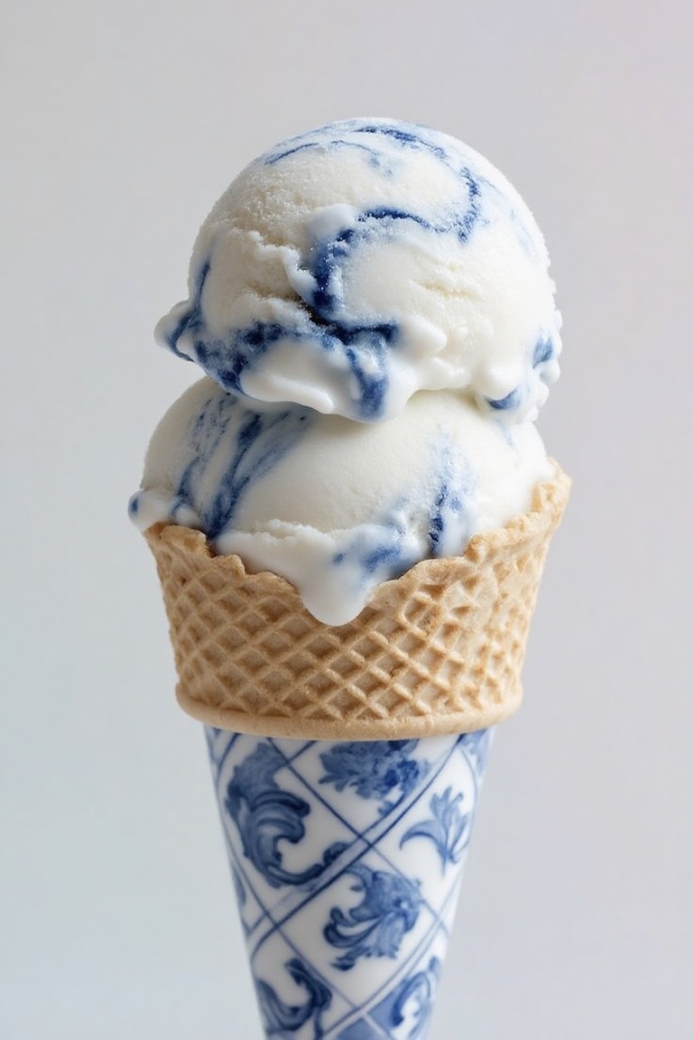 An ice cream cone inspired by Qing Hua Ci porcelain art,  swirling blue and white patterns resembling ceramic glaze,  glos...