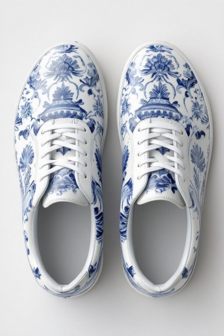 A pair of modern sneakers inspired by Qing Hua Ci porcelain art,  intricate blue and white patterns covering the upper,  g...