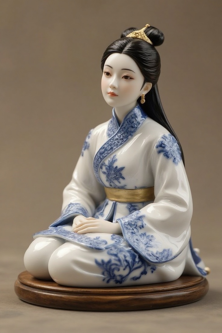 A porcelain doll inspired by Qing Hua Ci art,  adorned with delicate blue and white hand-painted motifs,  glossy ceramic f...
