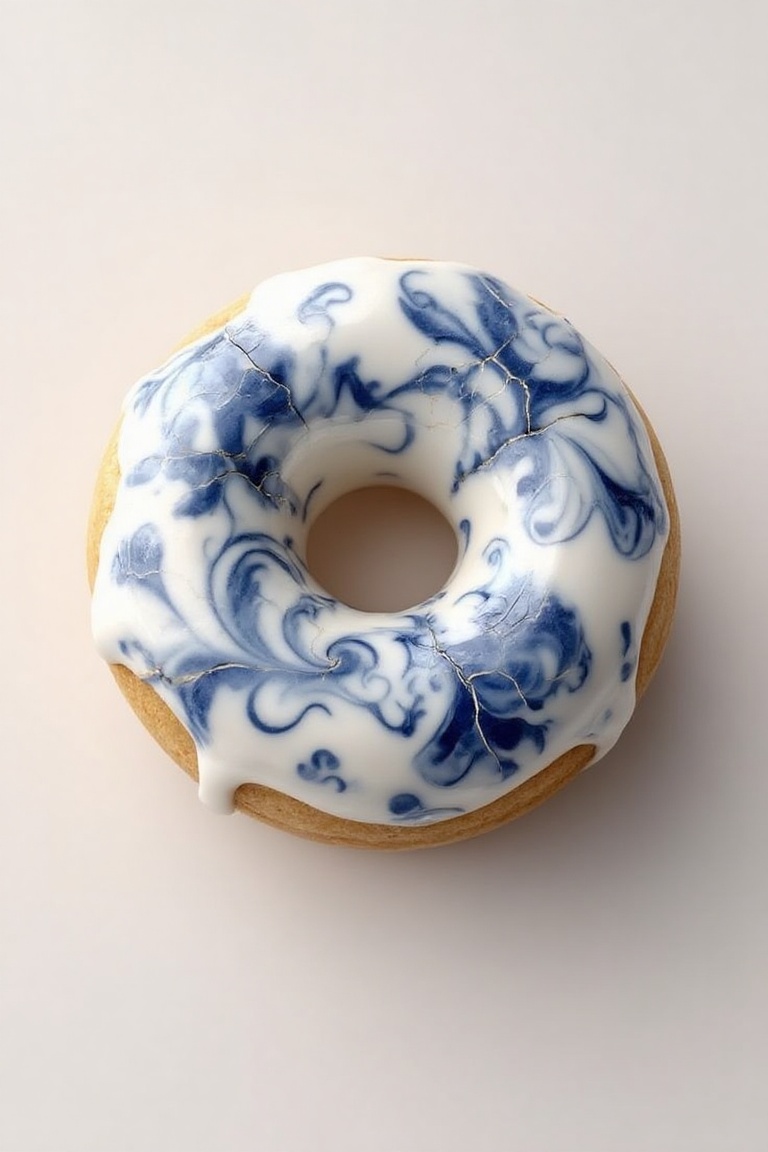 A doughnut decorated in Qing Hua Ci porcelain art design,  glazed blue and white swirling patterns resembling ceramic,  so...