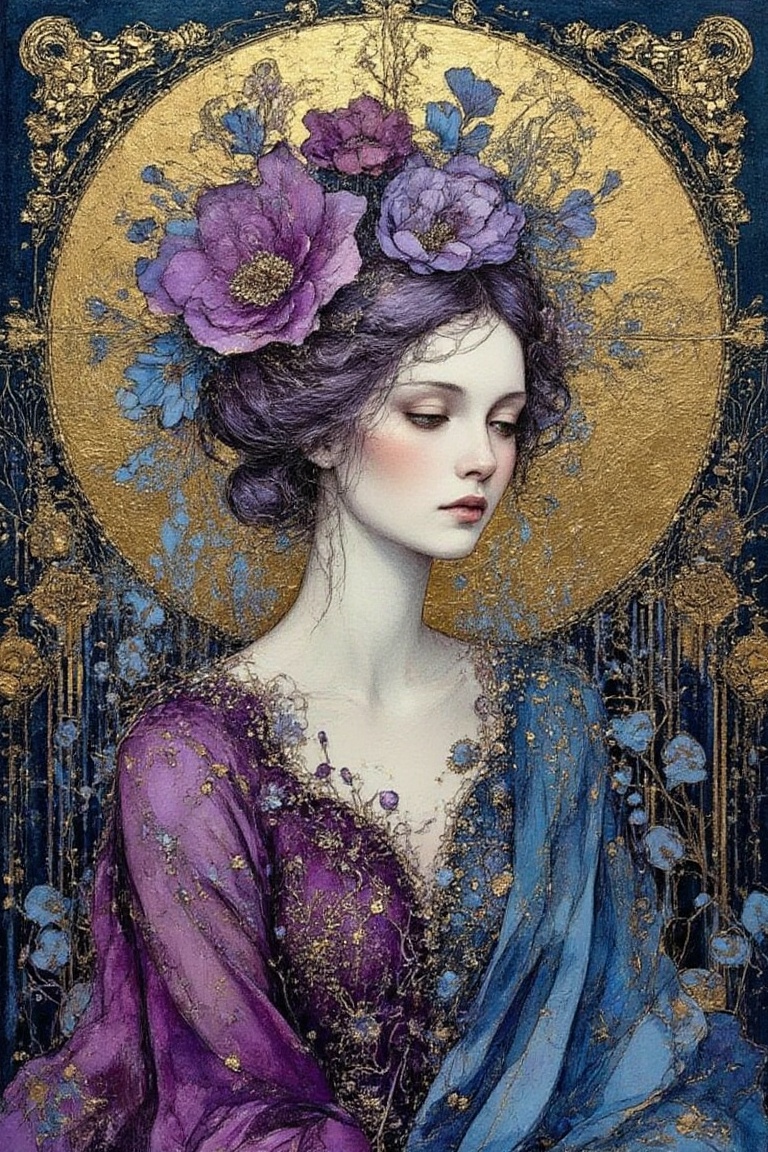Ethereal portrait of a beautiful woman adorned with floral embellishments,  wearing a striking blue-magenta dress,  set in...