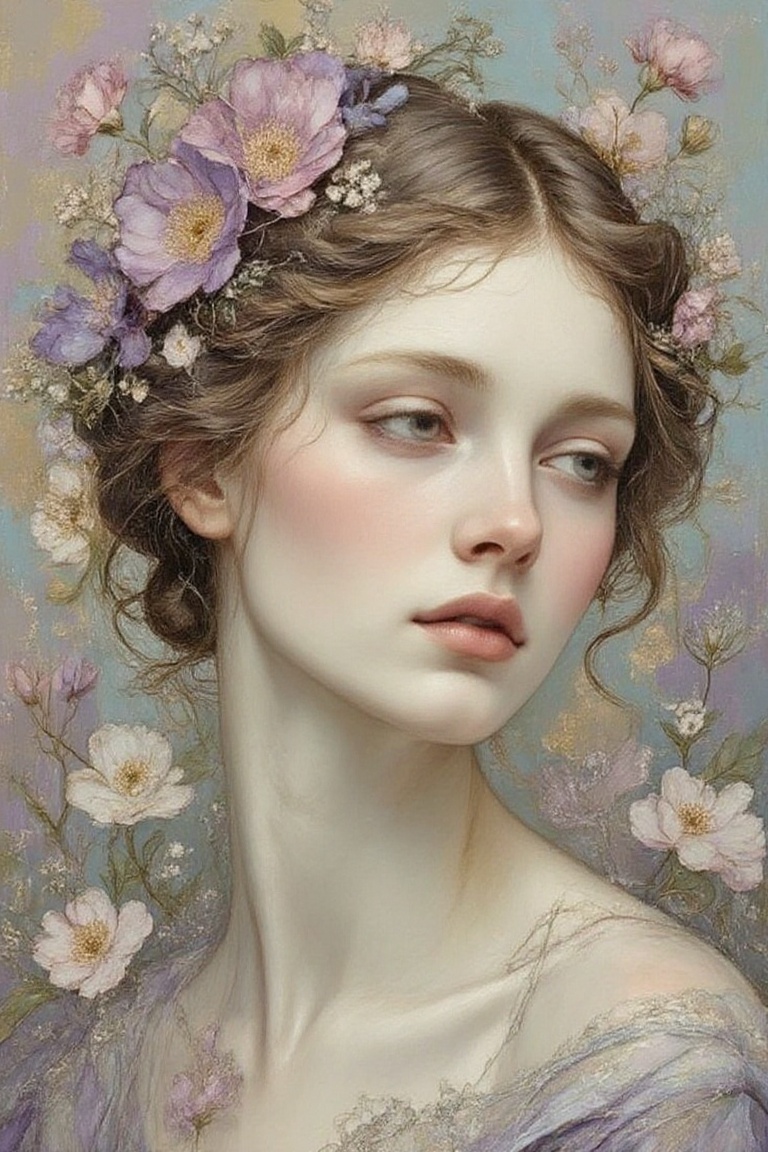 Ethereal portrait of a beautiful woman with braided hair adorned in delicate floral embellishments,  soft impressionistic...