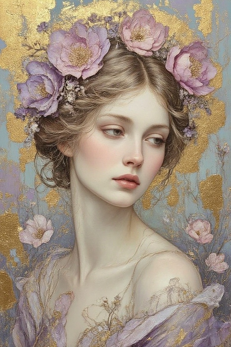 Ethereal portrait of a beautiful woman with braided hair adorned in delicate floral embellishments and shimmering gold acc...