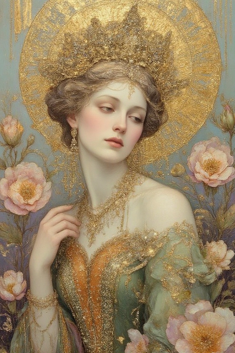 Ethereal portrait of a goddess queen adorned in shimmering gold and delicate floral embellishments,  wearing a flowing gre...