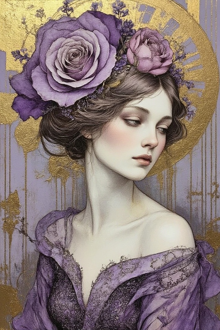 Ethereal portrait of a woman with serene expression,  adorned with lavender and rose floral headpiece,  detailed purple pa...