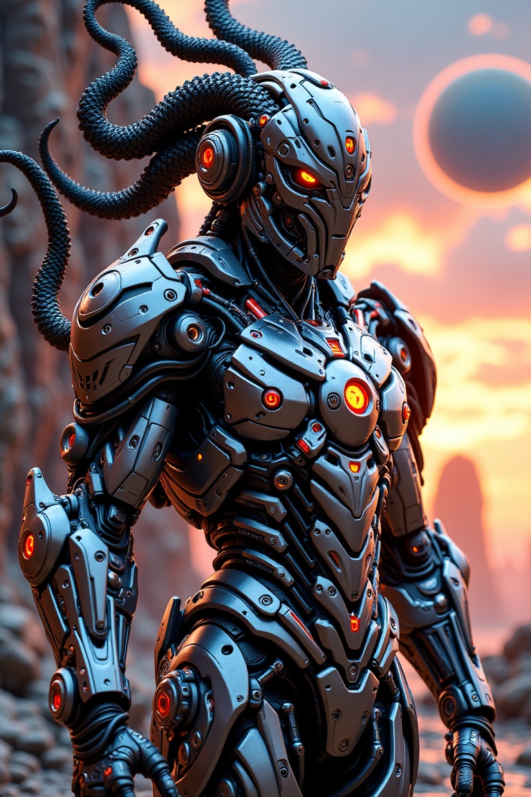 Futuristic humanoid robot in hybrid biomechanical aerospace paladin armor,  standing heroically against a cosmic backdrop...