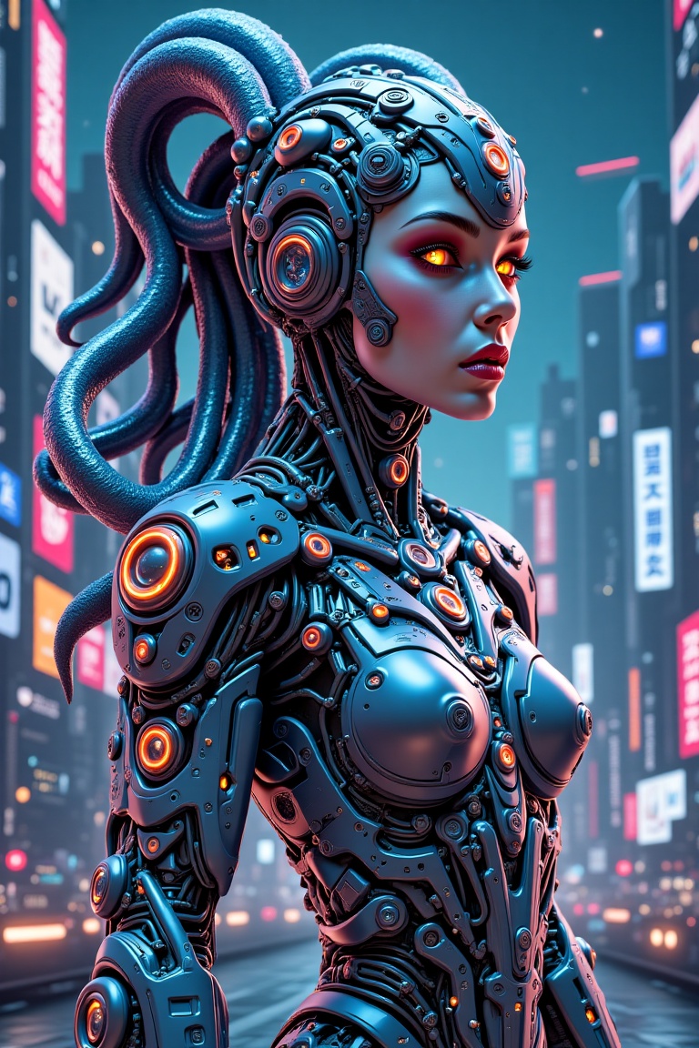 Realistic cyberpunk girl with tentacle hair and cybernetic enhancements,  standing solo on Earth’s futuristic cityscape un...