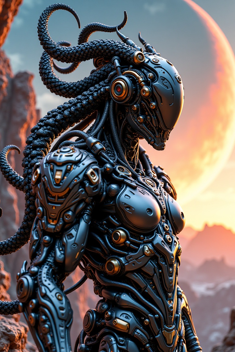 Futuristic humanoid robot in hybrid biomechanical aerospace paladin armor,  standing heroically against a cosmic backdrop...