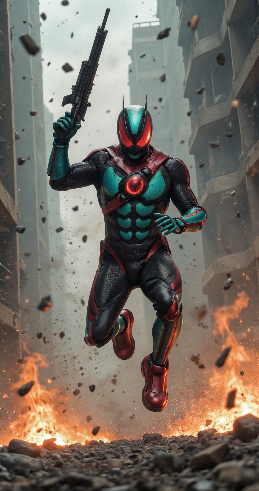 [ActionExplosions],  extremely detailed 8k wallpaper,  dynamic digital illustration of zetsurider mid-leap with weapon rai...