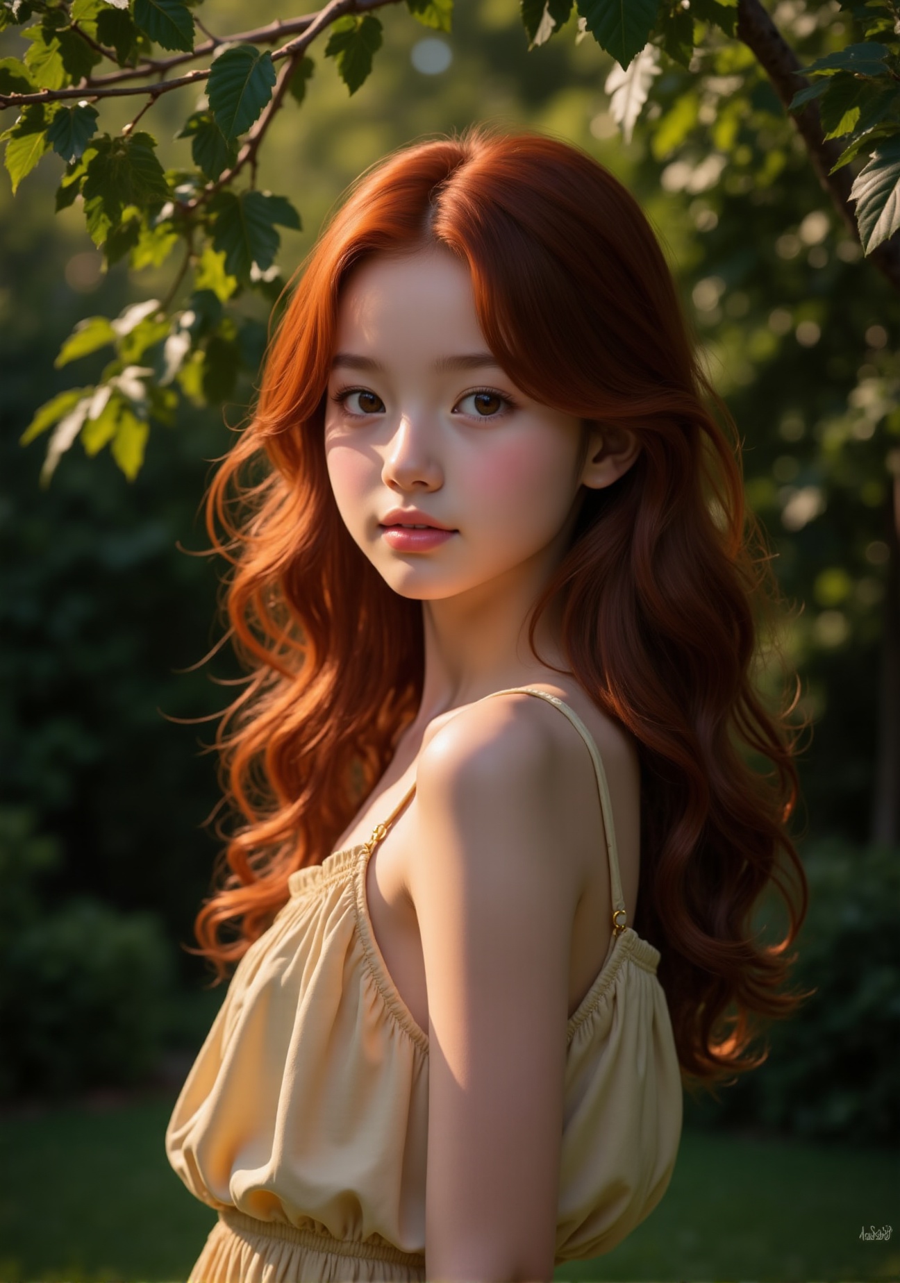 A striking portrait of a beautiful fair-skinned Asian girl with stunning auburn hair,  whose copper hair sparkles in after...