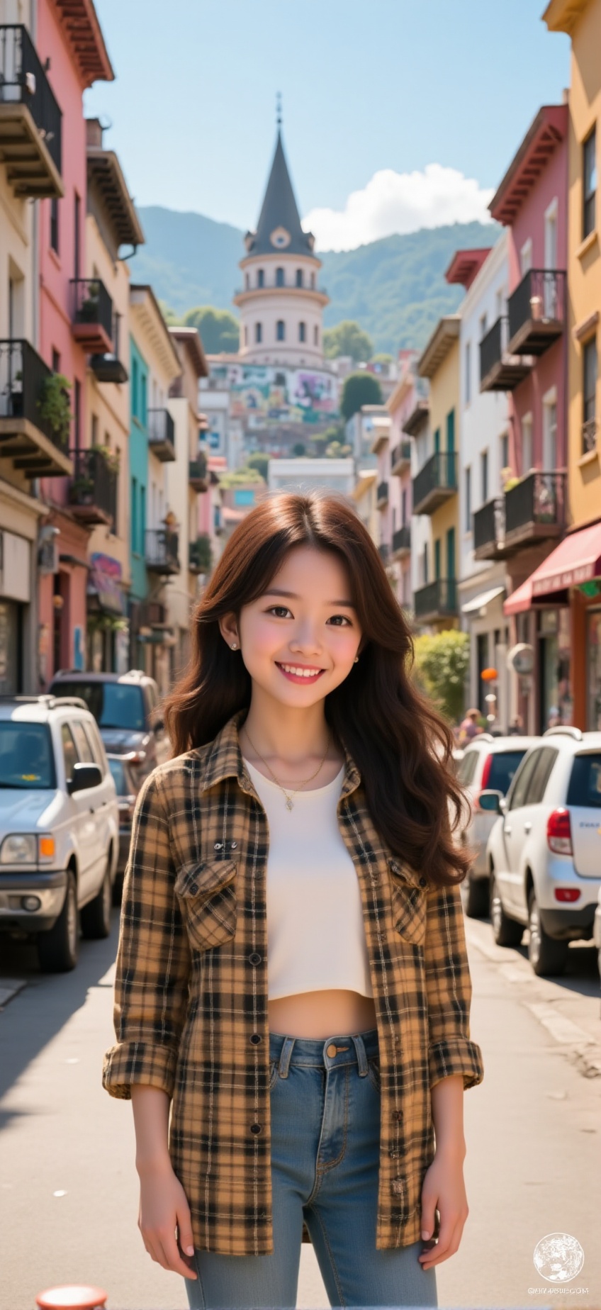 The scene features a young Asian girl standing in the foreground,  styled casually in a cropped white top and open plaid s...