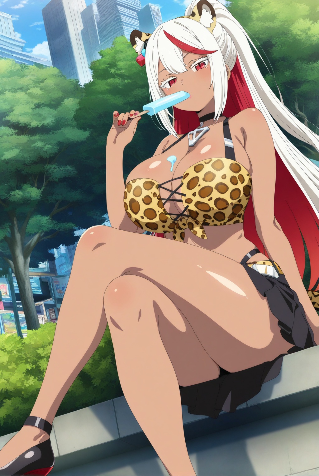an anime style character in a leopard print outfit lounges in the gaming parlor,  1girl,  animal print on Tensor.Art
