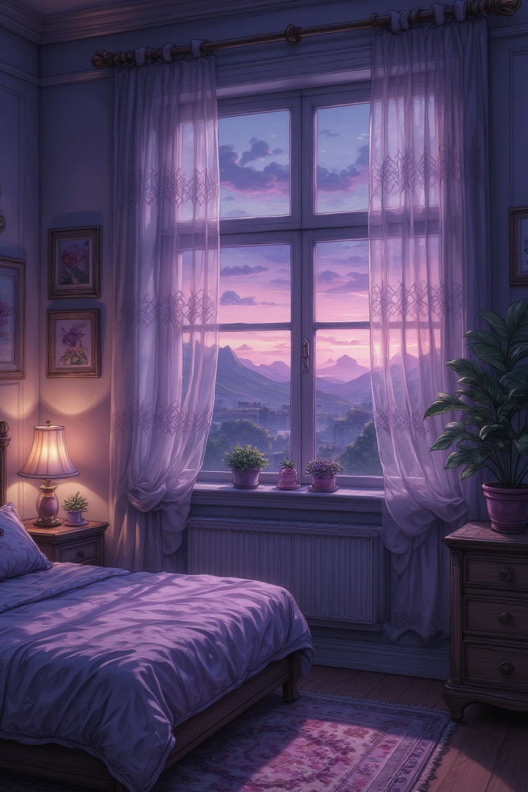 A quiet room lit only by purple dusk light,  lace curtains moving gently on Tensor.Art