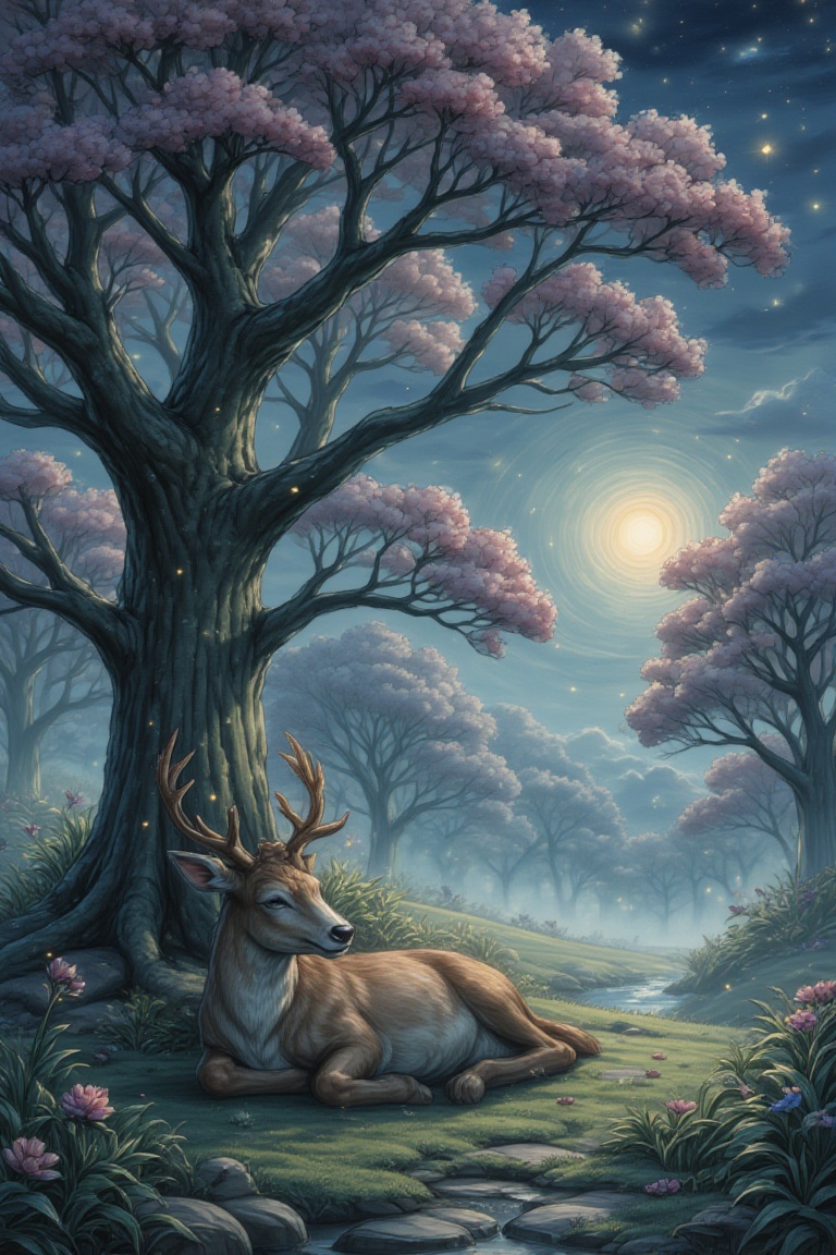 A sleeping deer beneath a blooming tree,  surrounded by floating fireflies and mist on Tensor.Art