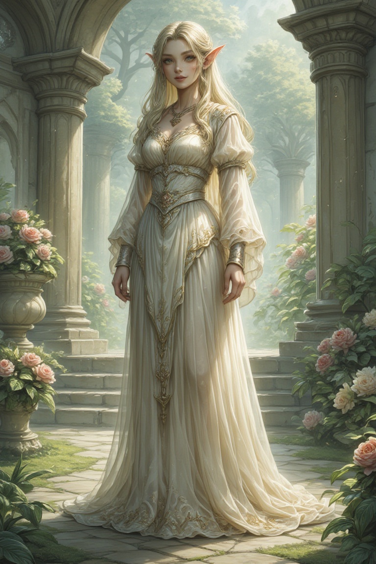 An elven noblewoman in a sheer ivory gown with golden embroidery,  standing in a misty palace garden on Tensor.Art