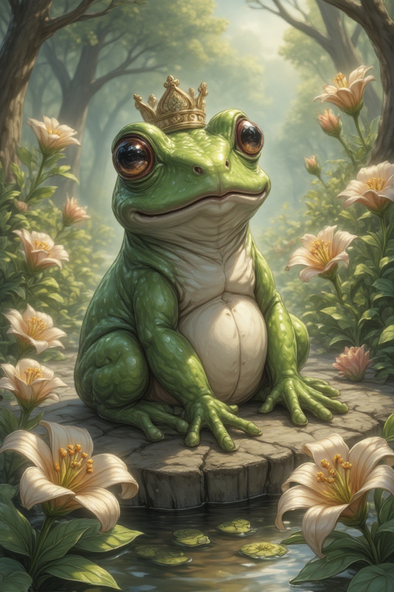 A toad wearing a tiny crown,  sitting among enchanted lilies on Tensor.Art