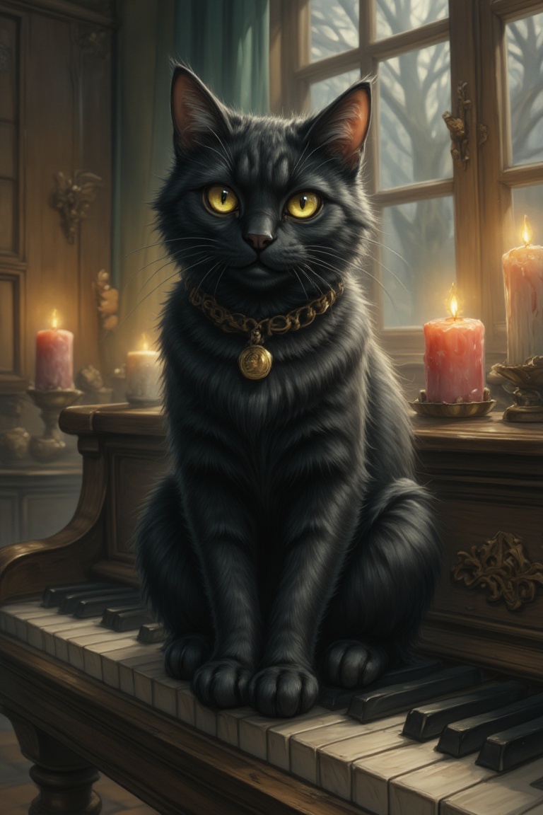 A black cat with crescent-shaped eyes sitting atop ancient piano keys,  surrounded by candlelight on Tensor.Art