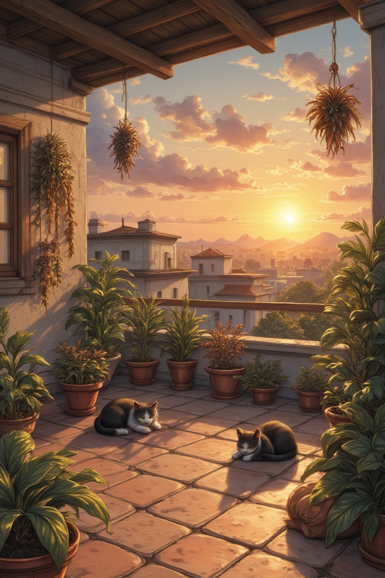 A rooftop at sunset with dried herbs hanging and cats sleeping on warm tiles on Tensor.Art