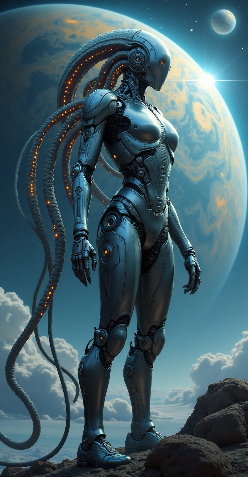 Cybernetik robot with sleek metallic body and intricate mechanical joints and cables,  standing against a cosmic backdrop...