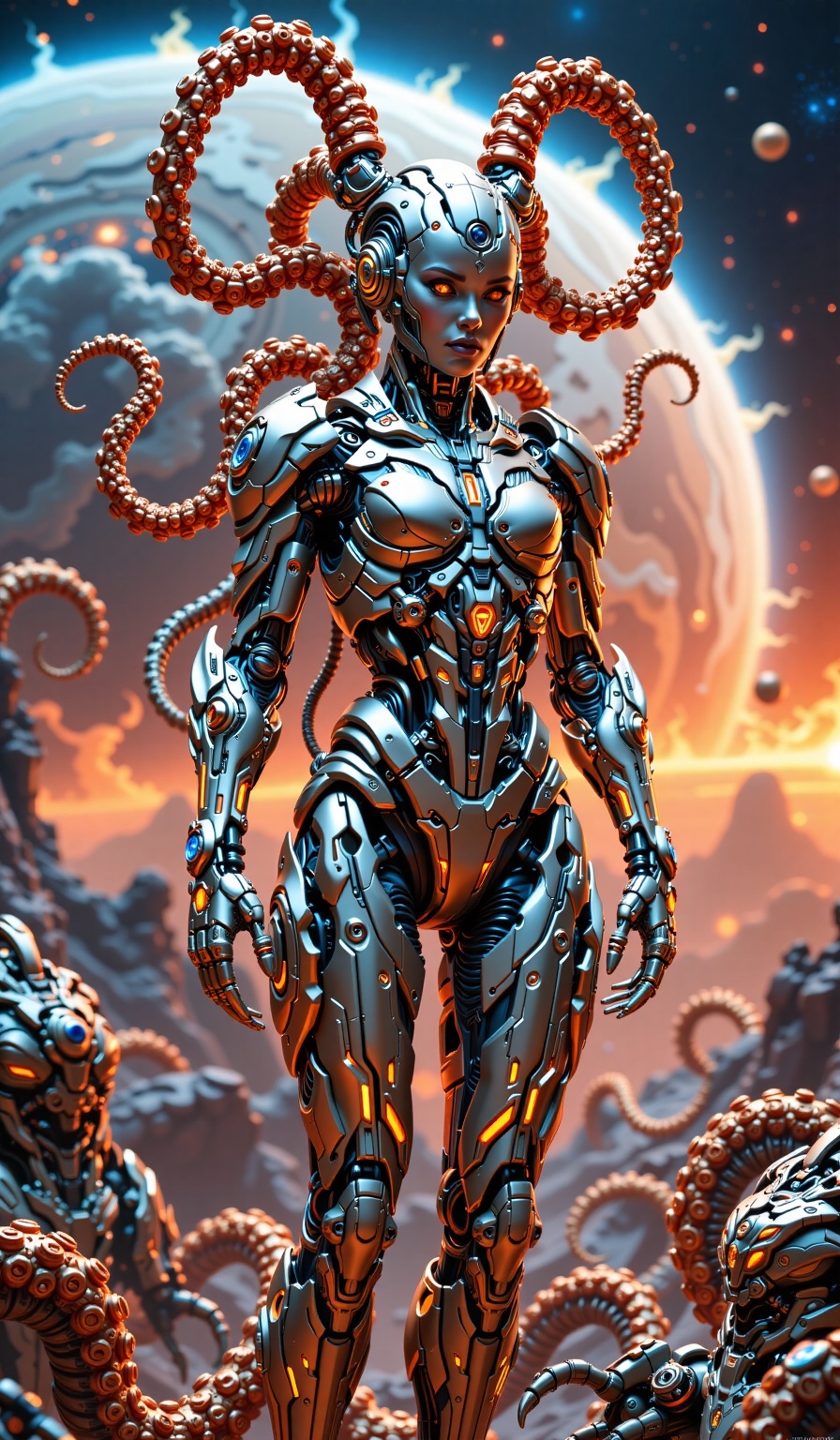 The image depicts a futuristic scene with a Cybernetik robot standing against a cosmic backdrop. The robot has a sleek,  m...