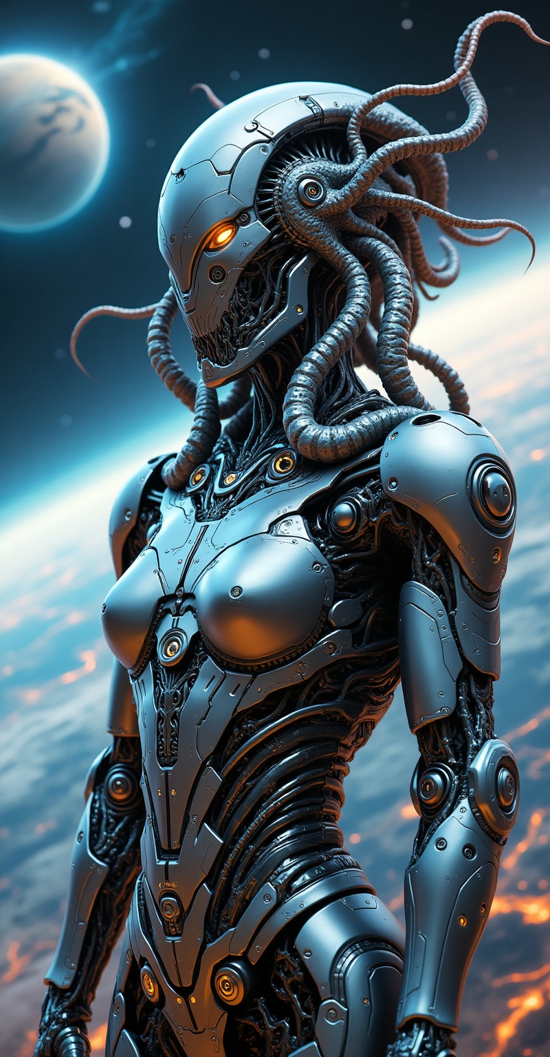 Cybernetik robot with sleek metallic body and intricate mechanical joints and cables,  standing against a cosmic backdrop...