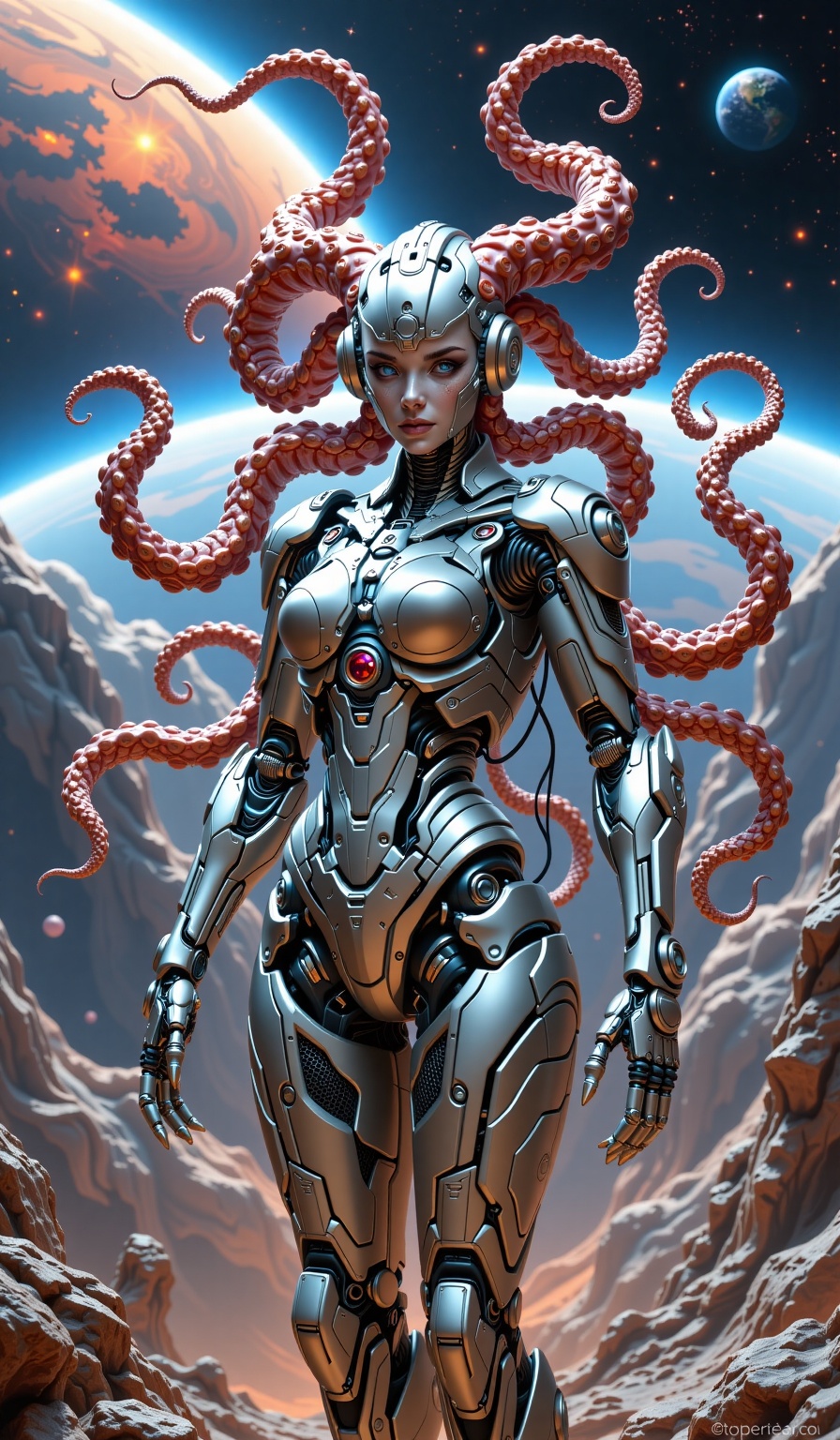 The image depicts a futuristic scene with a Cybernetik robot standing against a cosmic backdrop. The robot has a sleek,  m...