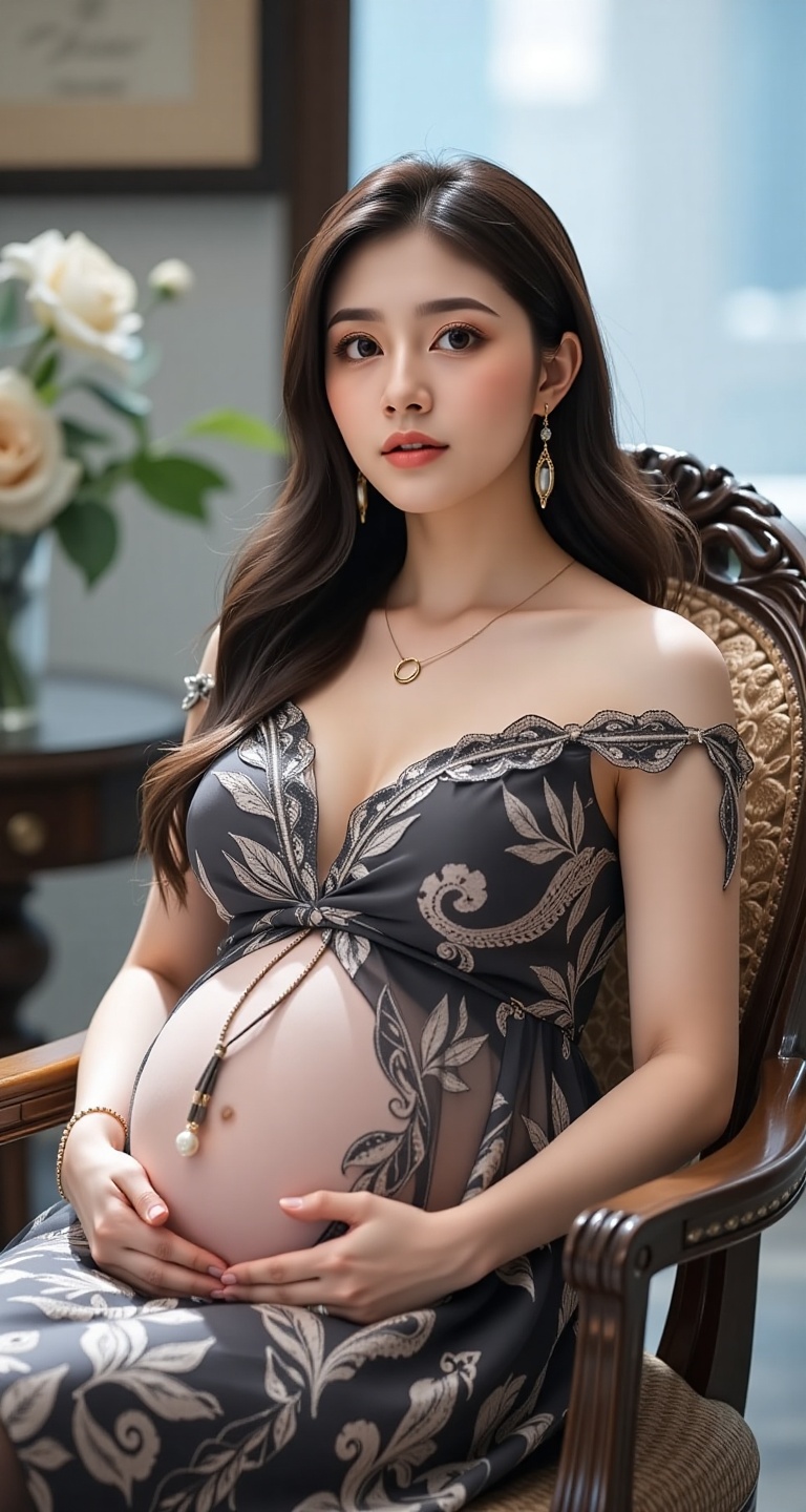 A high-resolution,  ultra-detailed image of a 1girl solo long hair looking at viewer black hair hair ornament dress jewelr...