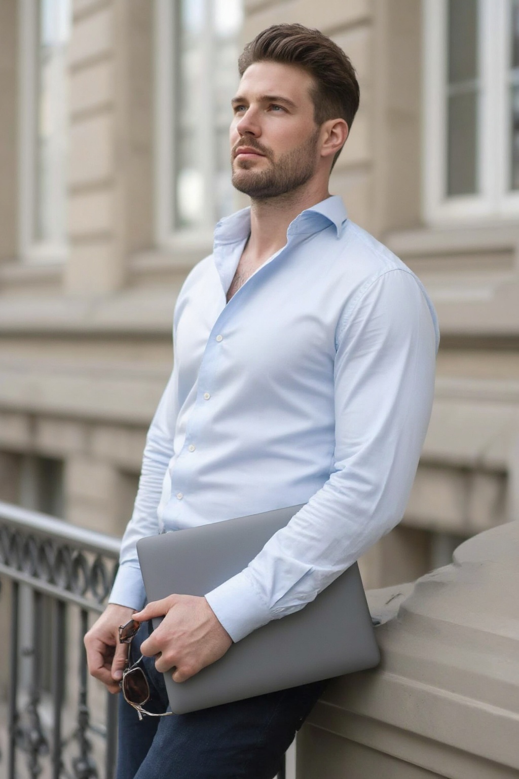 xnz,  omxn,  A man in a light blue shirt stands on a building balcony on Tensor.Art
