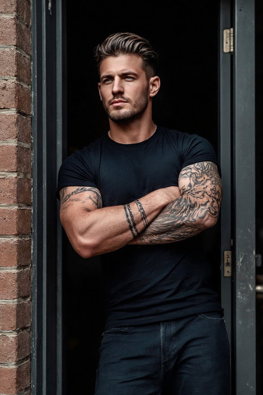 xnz,  omxn,  A man in a black tight short - sleeve shirt on Tensor.Art
