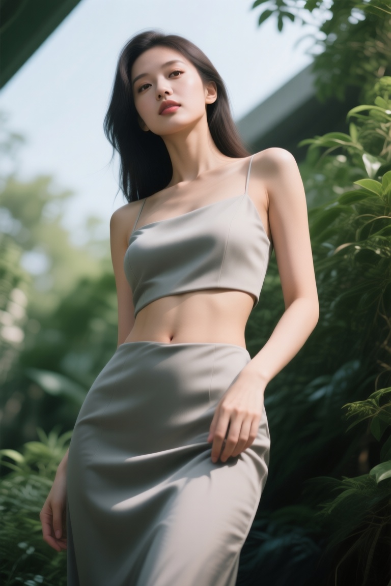 A low-angle shot of a gorgeous woman in a modern dress that exposes her midriff,  highlighting,  greenery on Tensor.Art