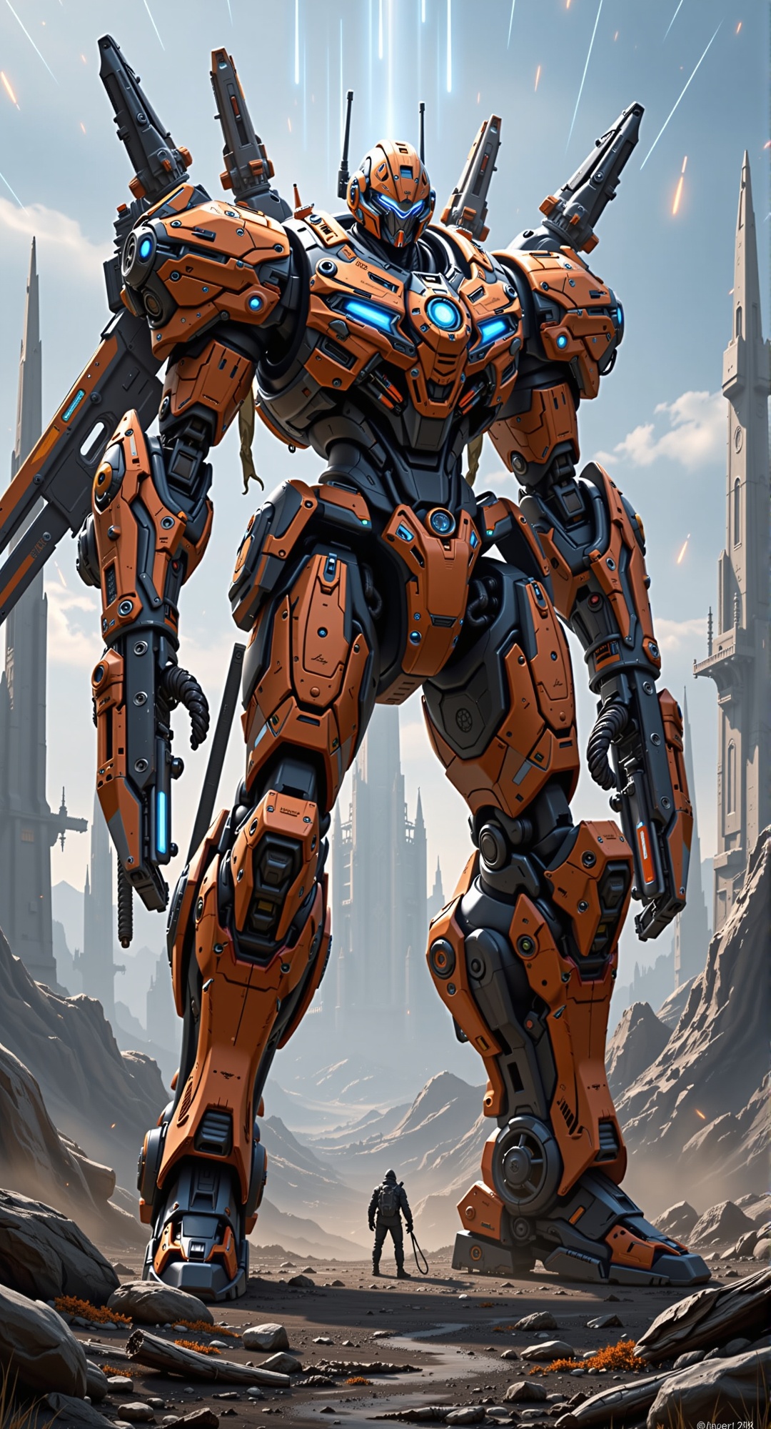 The image depicts a large,  armored robot standing prominently in the foreground. The robot is primarily orange and black,...