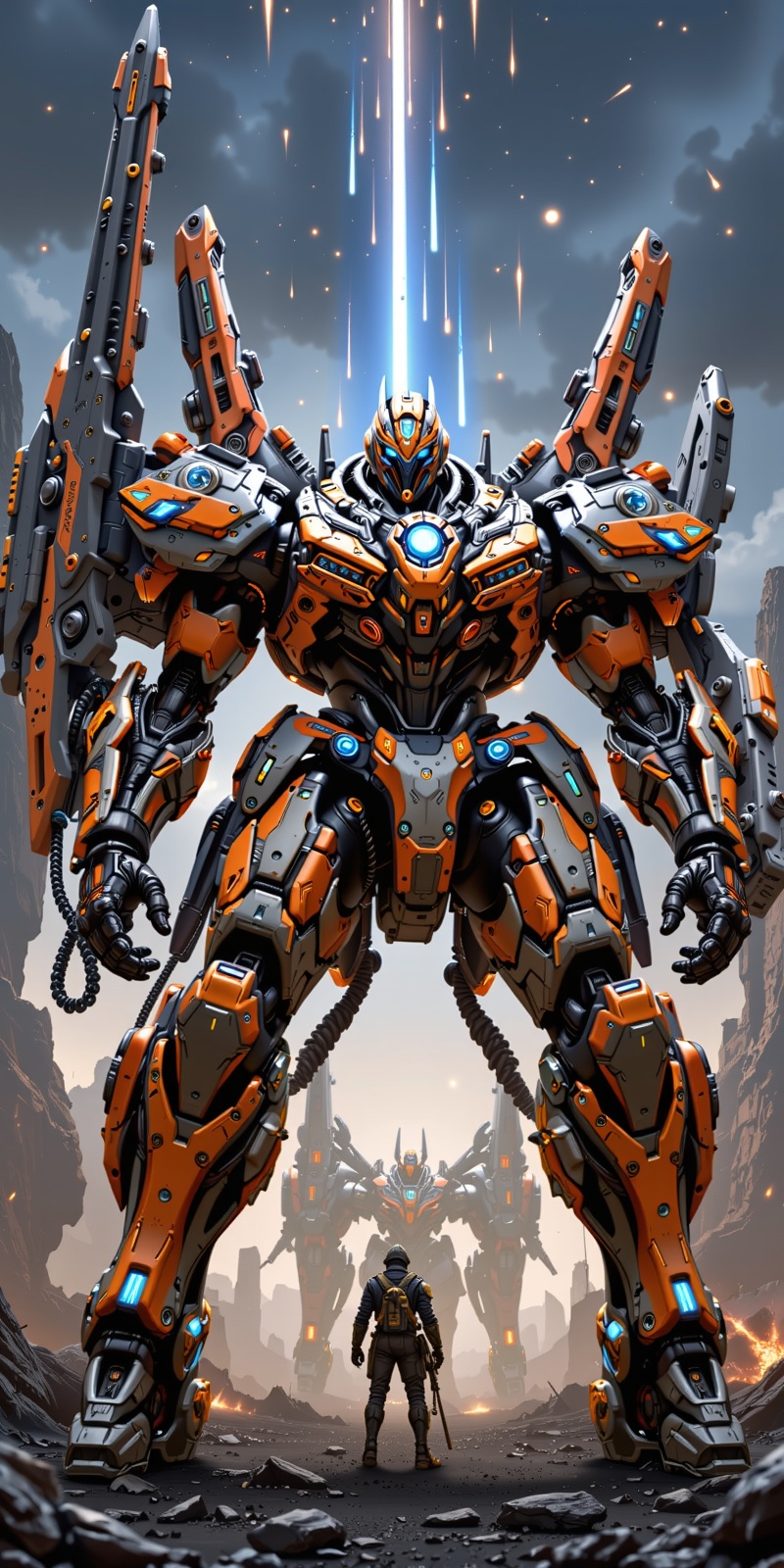 The image depicts a large,  armored robot standing prominently in the foreground. The robot is primarily orange and black,...