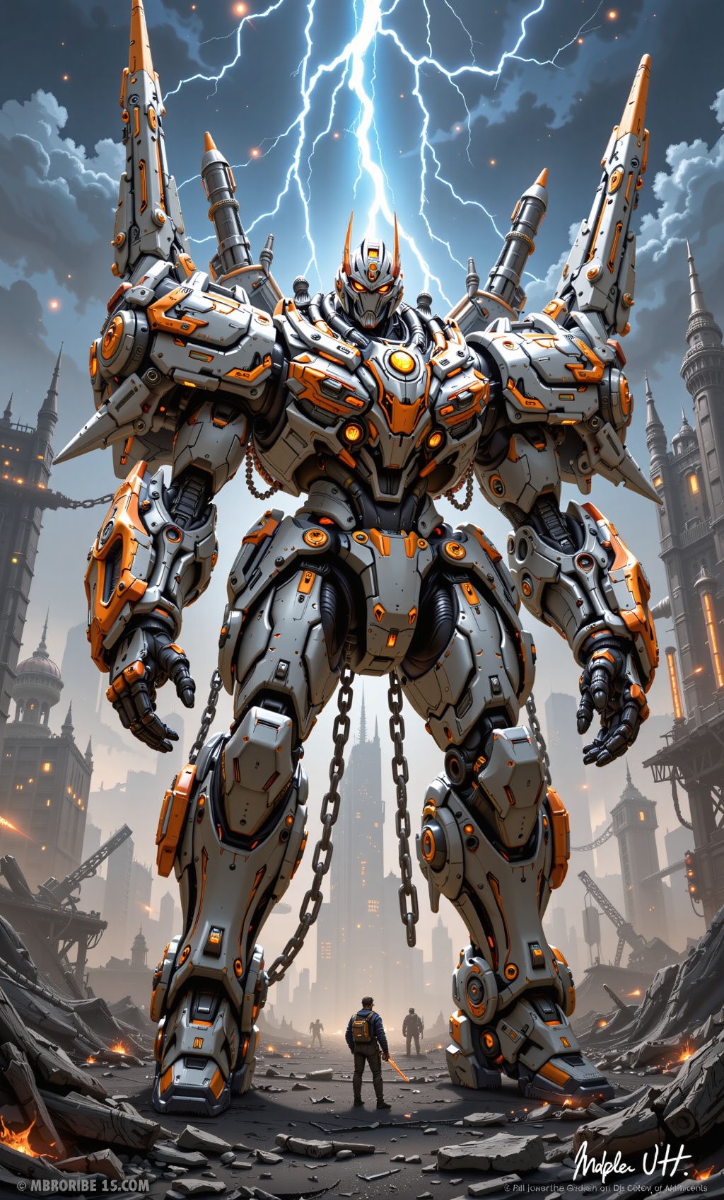 The image depicts a large,  imposing robot standing in a post-apocalyptic cityscape. The robot is predominantly gray with...