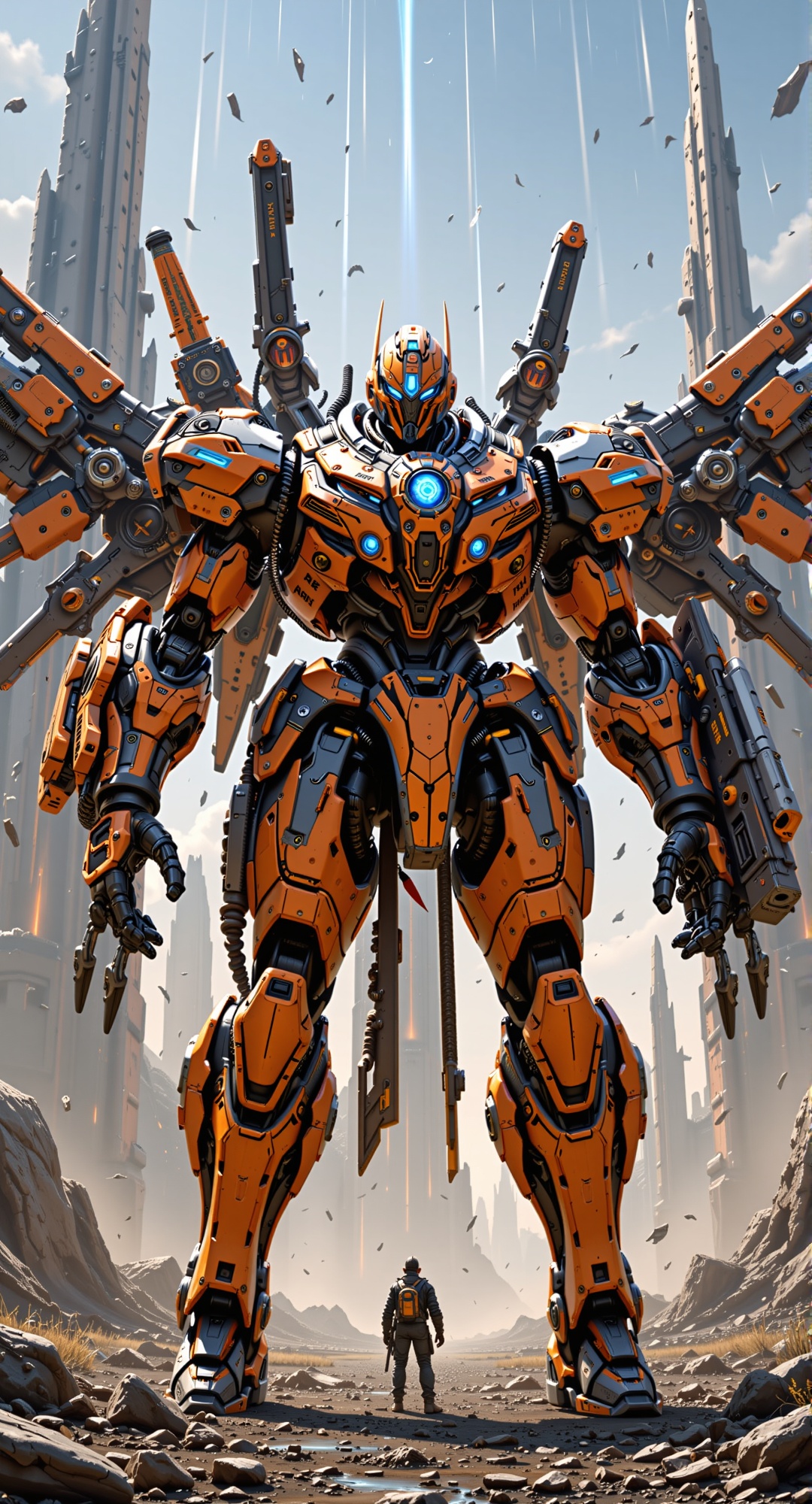 The image depicts a large,  armored robot standing prominently in the foreground. The robot is primarily orange and black,...