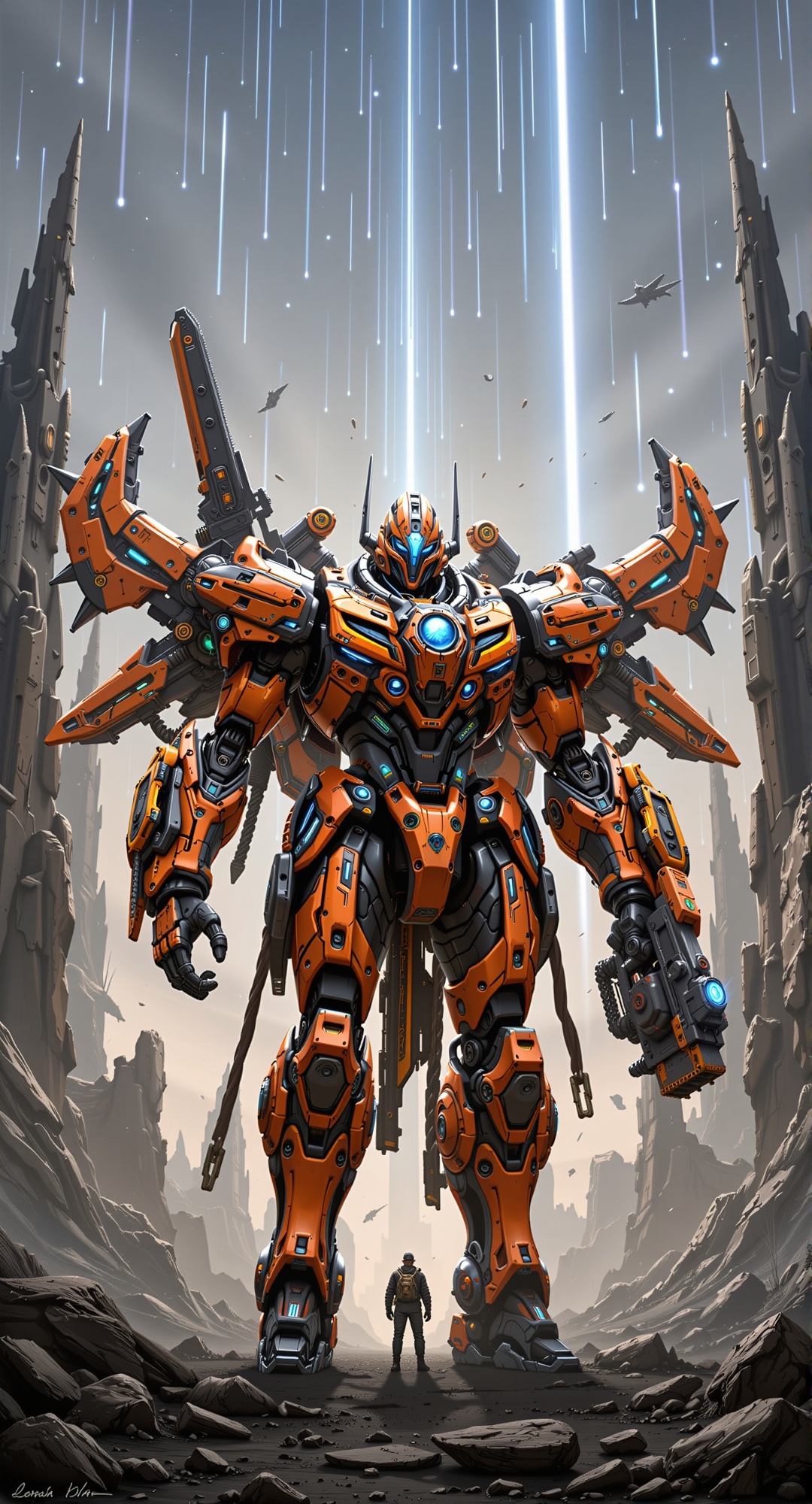 The image depicts a large,  armored robot standing prominently in the foreground. The robot is primarily orange and black,...