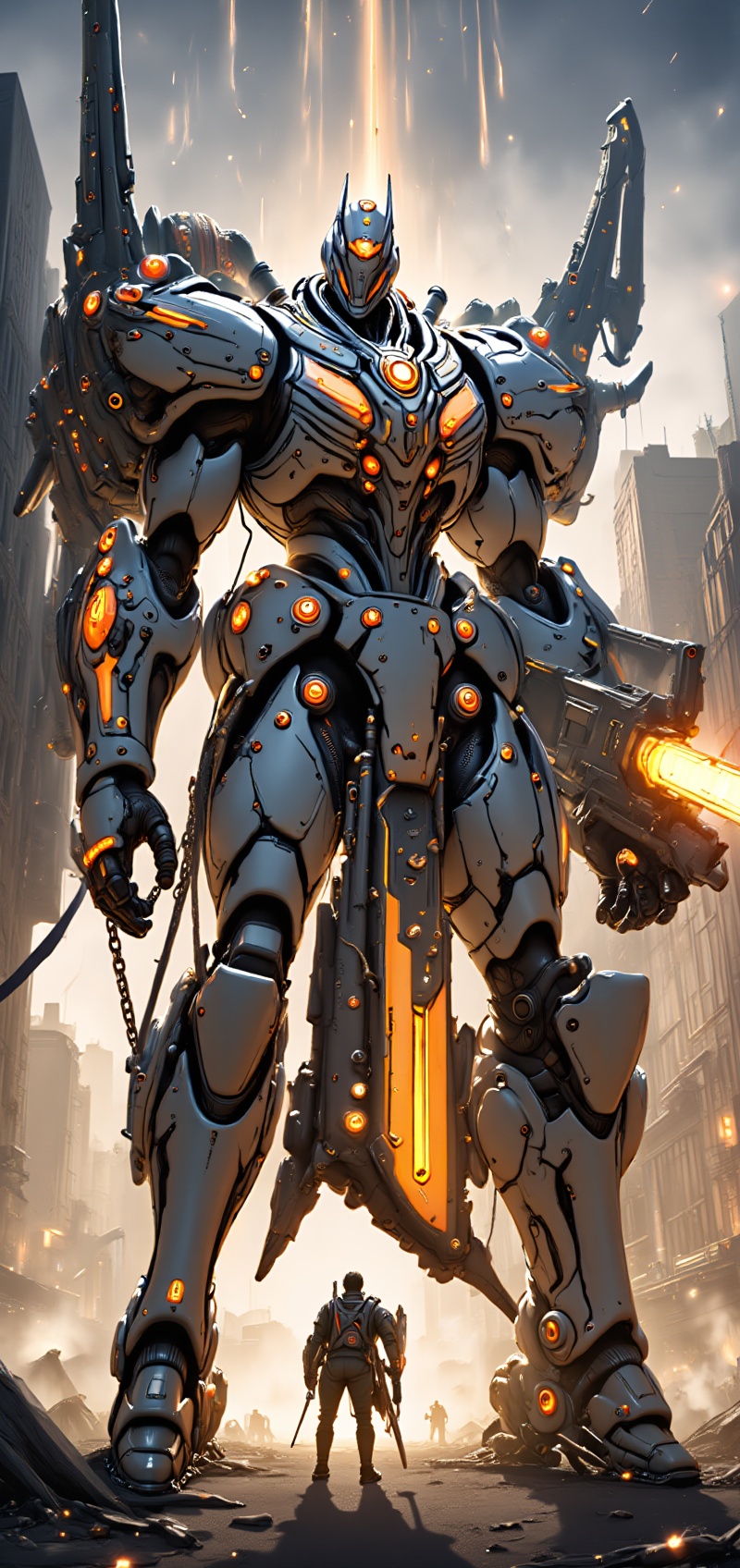 The image depicts a large,  imposing robot standing in a post-apocalyptic cityscape. The robot is predominantly gray with...