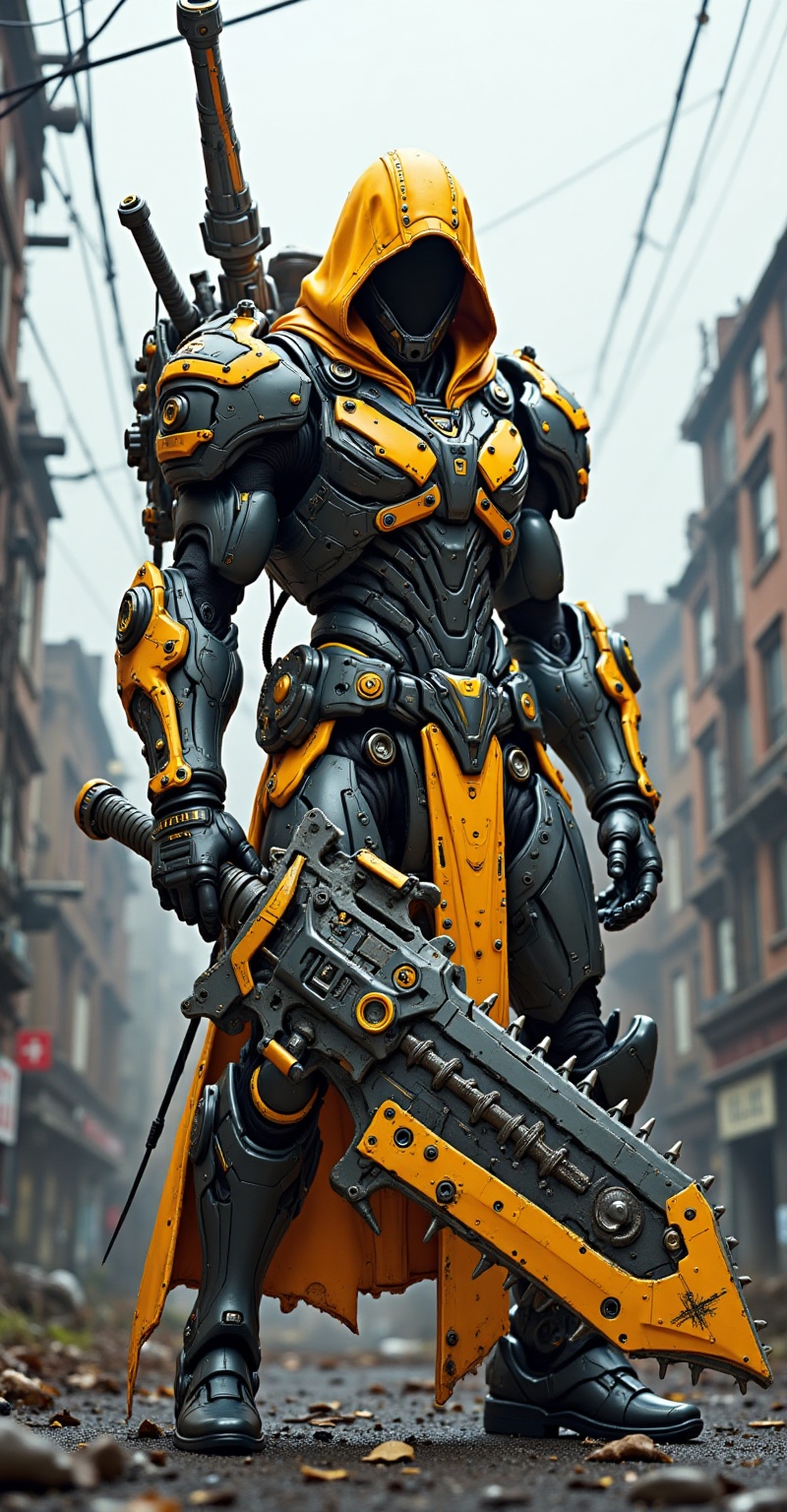 A dark,  imposing figure clad in a yellow,  hooded cloak stands in a dystopian urban environment on Tensor.Art